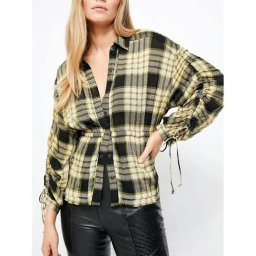Free People NWT Pacific Dawn Plaid Shirt Snap Front Closure Drawstring Black New